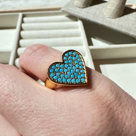Heart-Shaped Gold-tone Ring Size 6 1/4 Flirt By Park Lane Jewelry Turquoise Blue - Picture 9 of 10